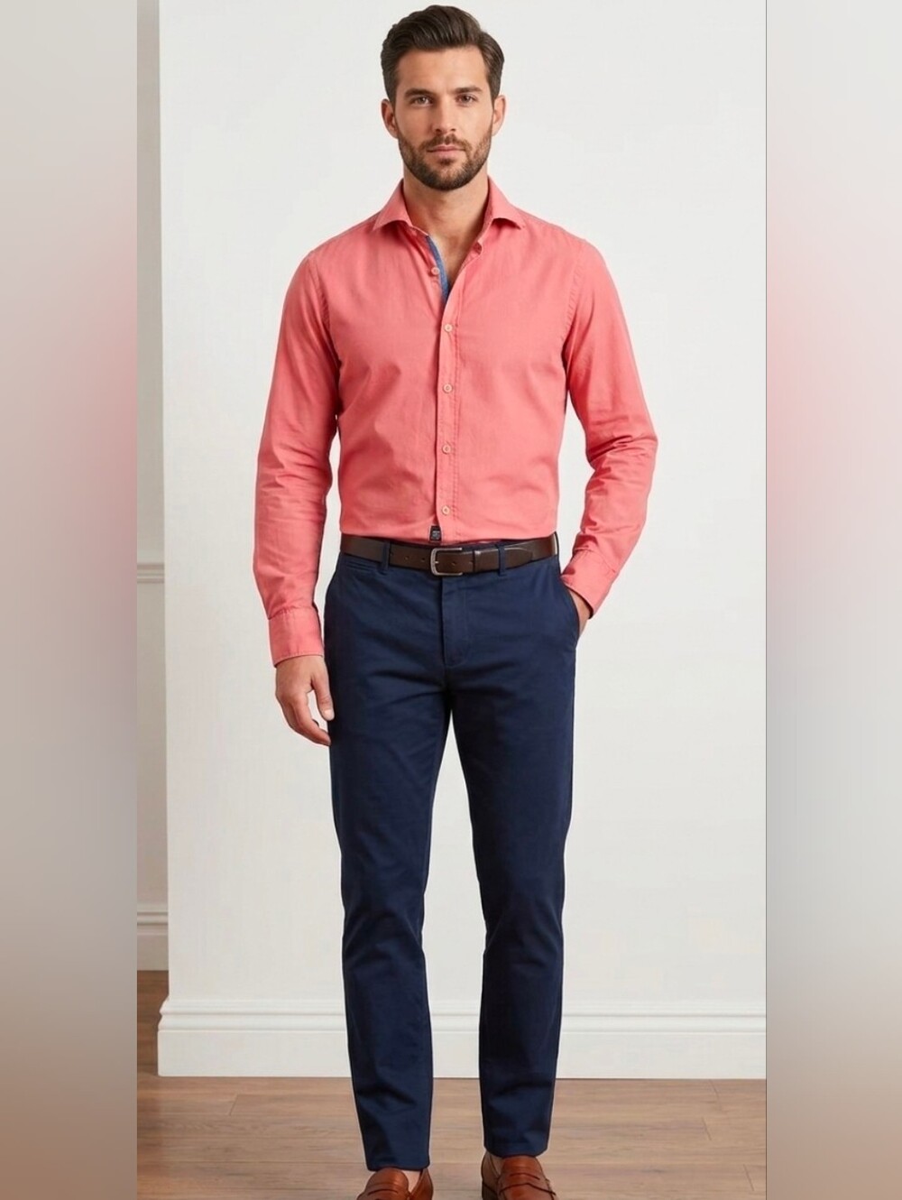 Wickett Jones Soft Slim Casual Cotton Button-Up Shirt, Salmon Pink / Coral - Siz
